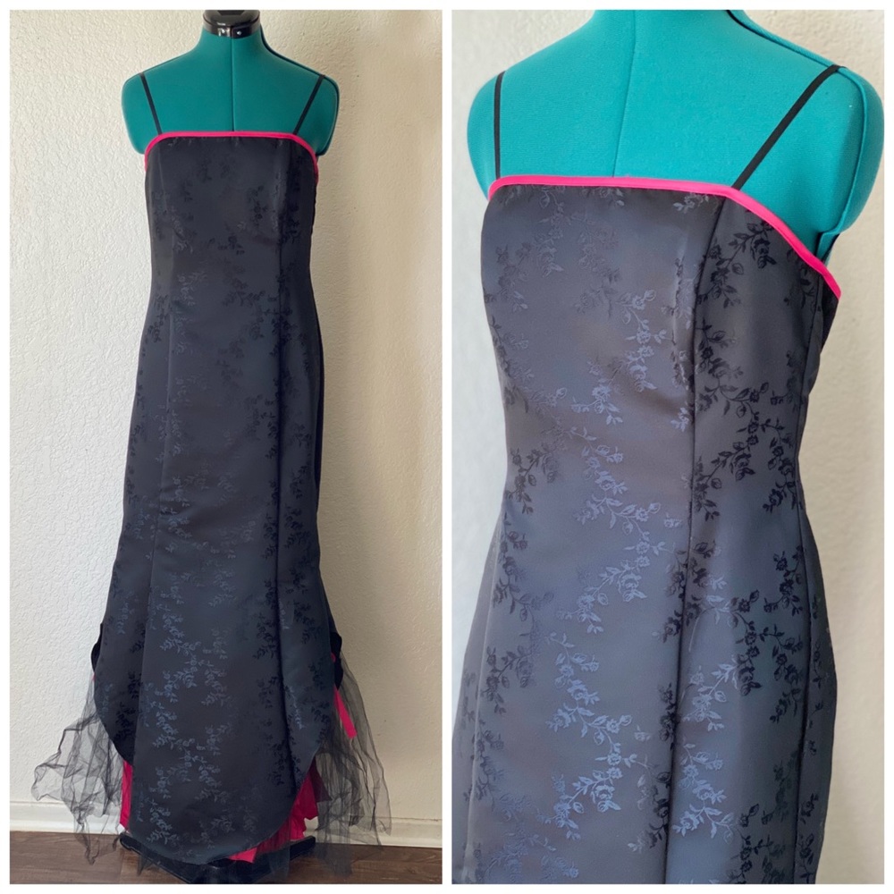 VINTAGE SATIN Y2K TULLE BOW BLACK FLORAL MERMAID FORMAL DRESS